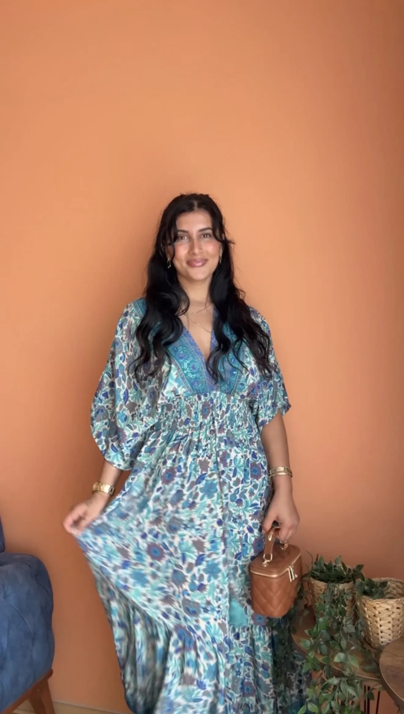 Yarasa Kol İpek Kaftan Mavi - 1
