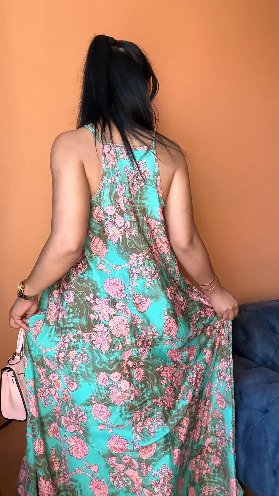 Halter Sırt Turkuaz Pembe Askılı Elbise - 1
