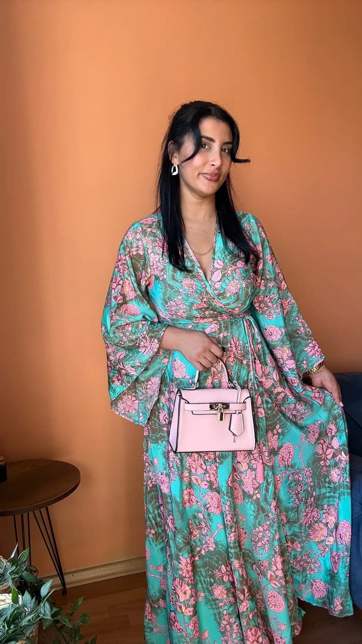 Bağlanmalı  Kimono Turkuaz Elbise - 2
