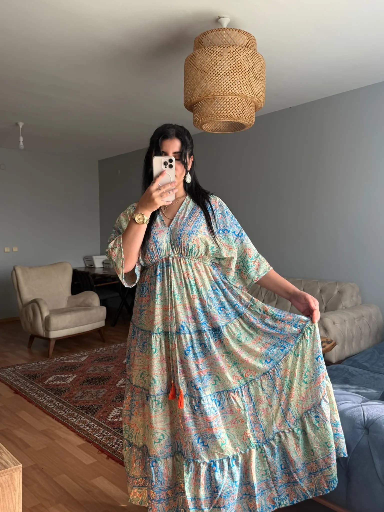 Yarasa Kol İpek Kaftan Yeşil Mavi - 2
