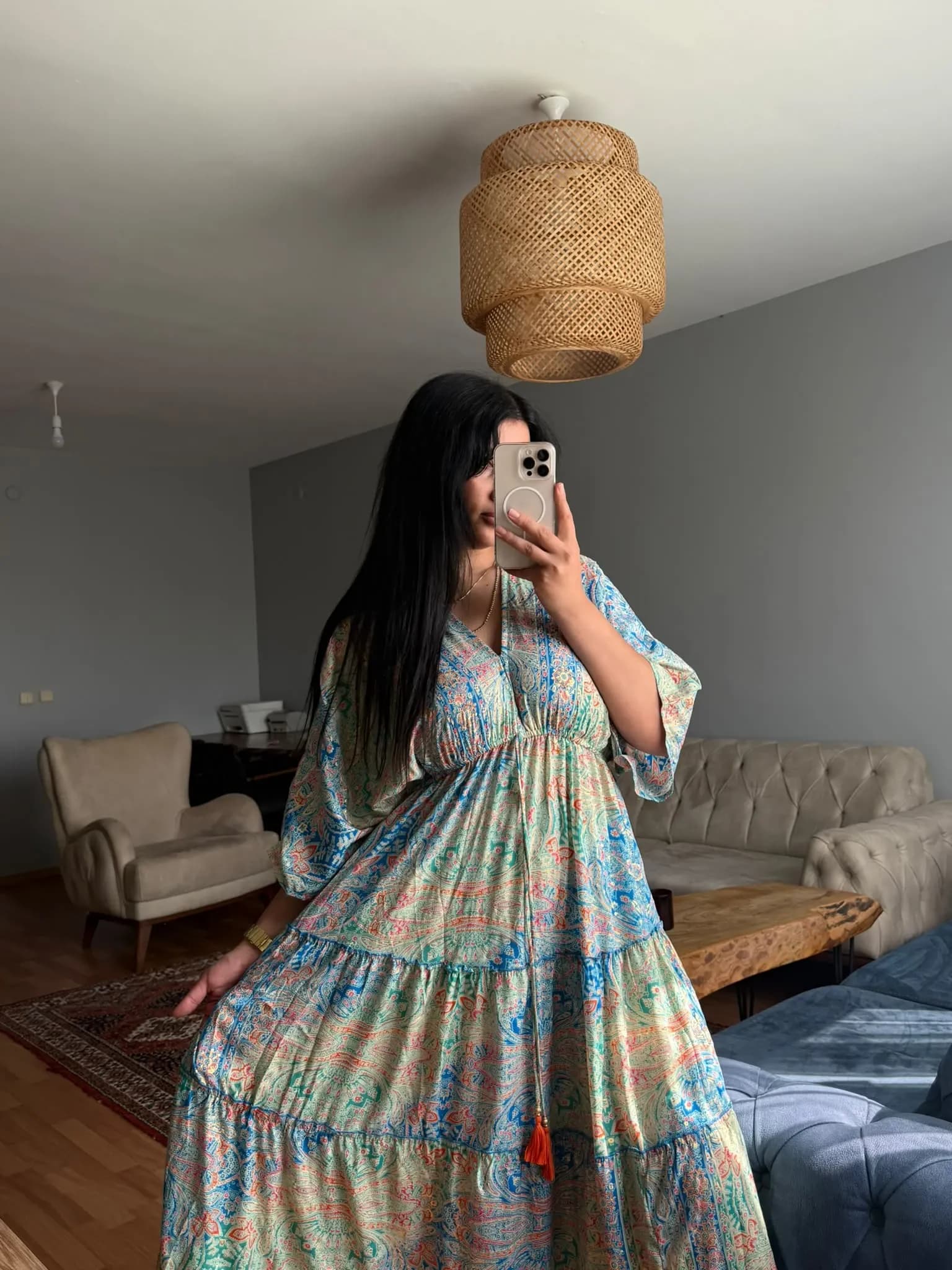 Yarasa Kol İpek Kaftan Yeşil Mavi - 1