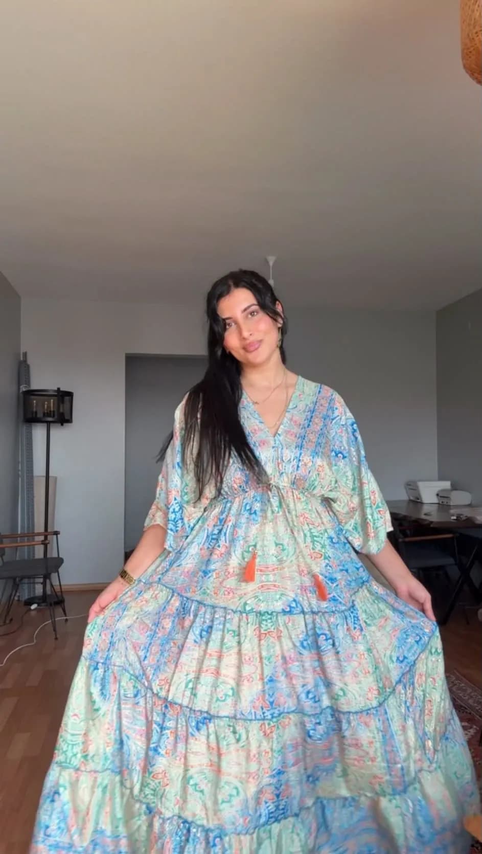 Yarasa Kol İpek Kaftan Yeşil Mavi - 4