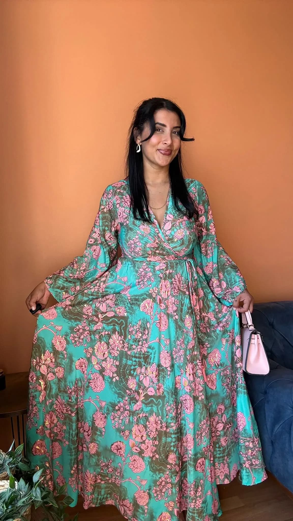 Bağlanmalı  Kimono Turkuaz Elbise - 1