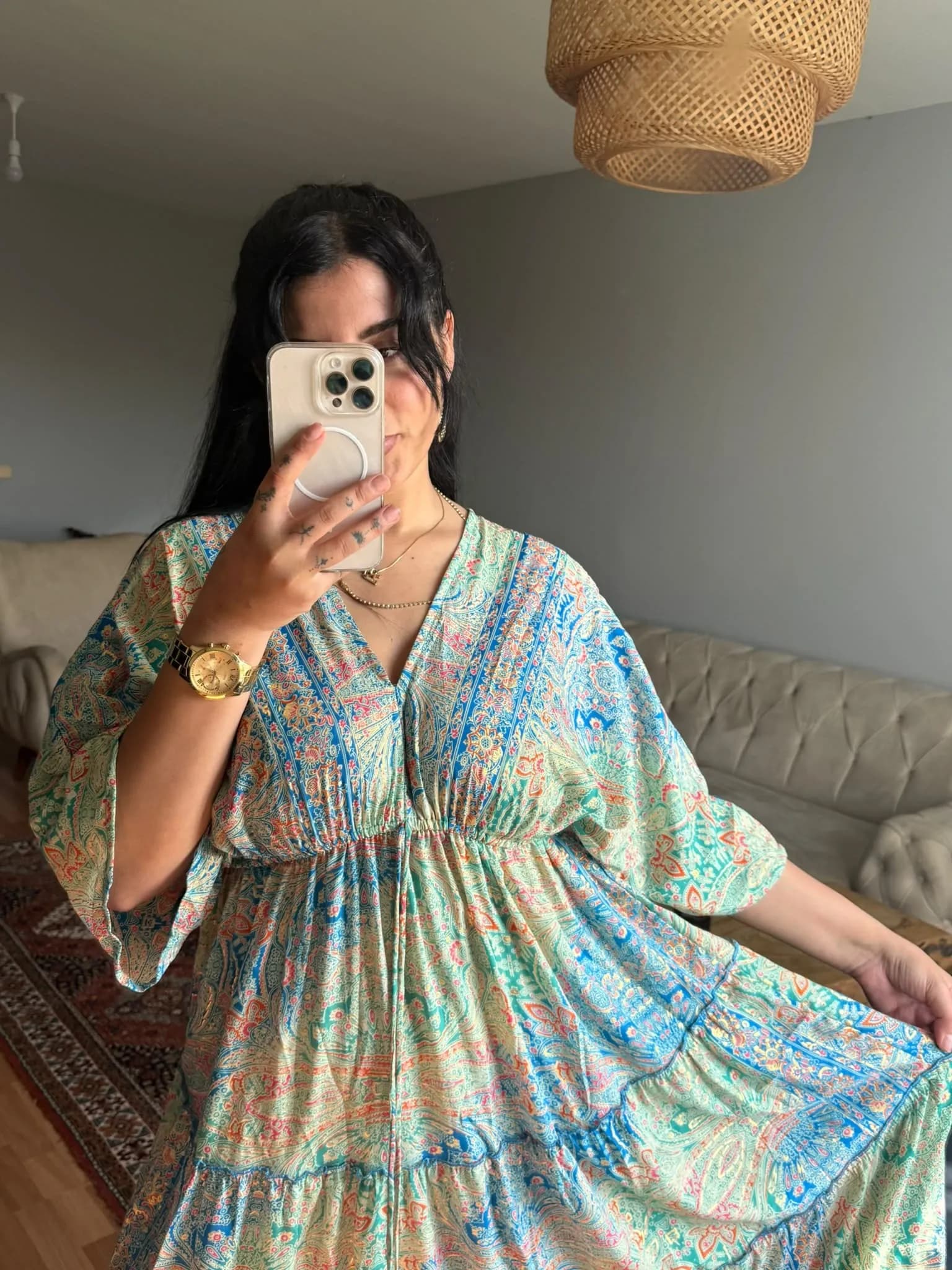 Yarasa Kol İpek Kaftan Yeşil Mavi - 3