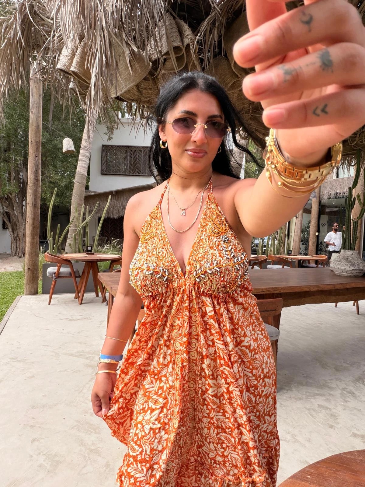 Magic Taşlı Bağlamalı Elbise Turuncu hover