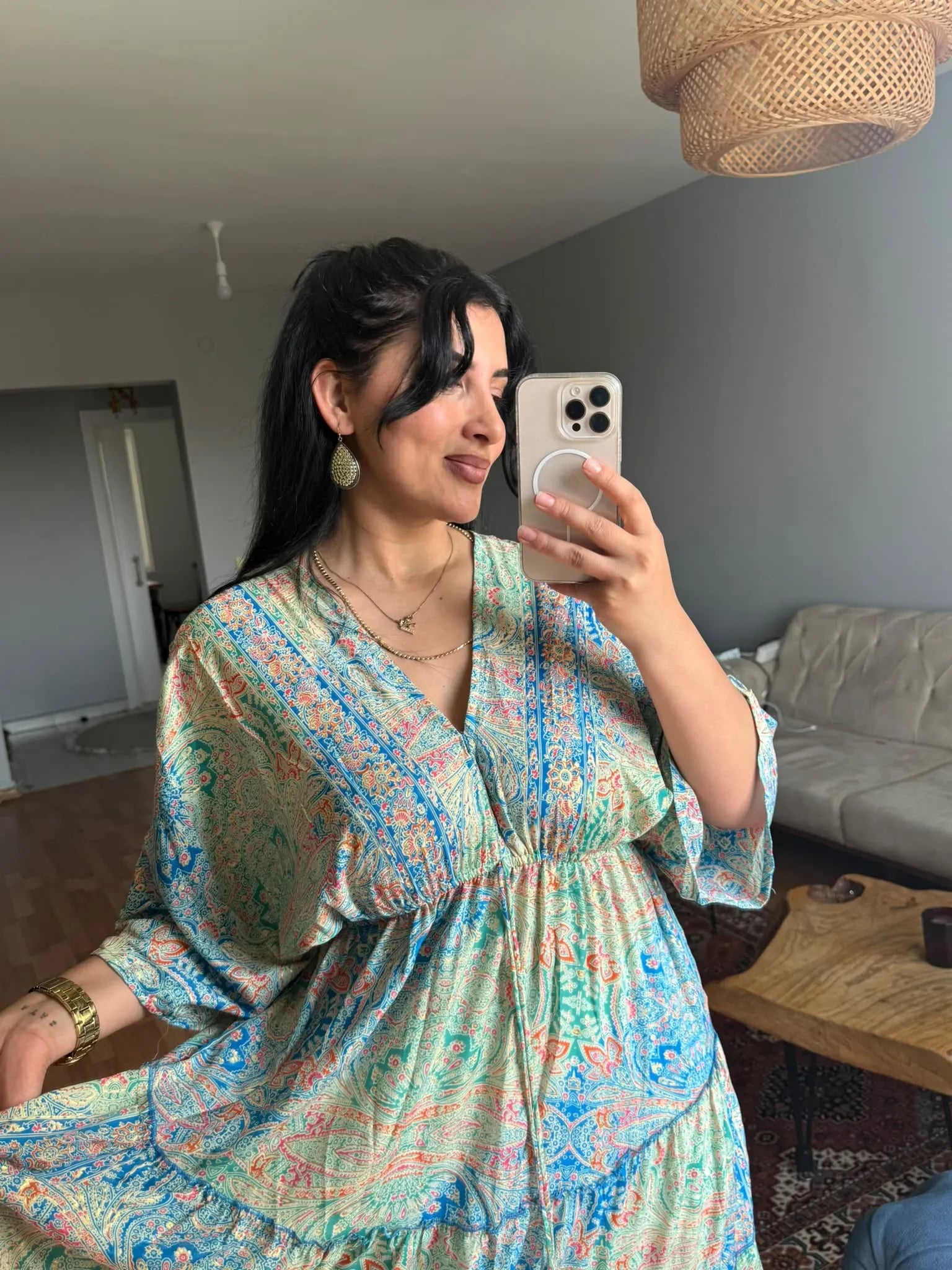 Yarasa Kol İpek Kaftan Yeşil Mavi