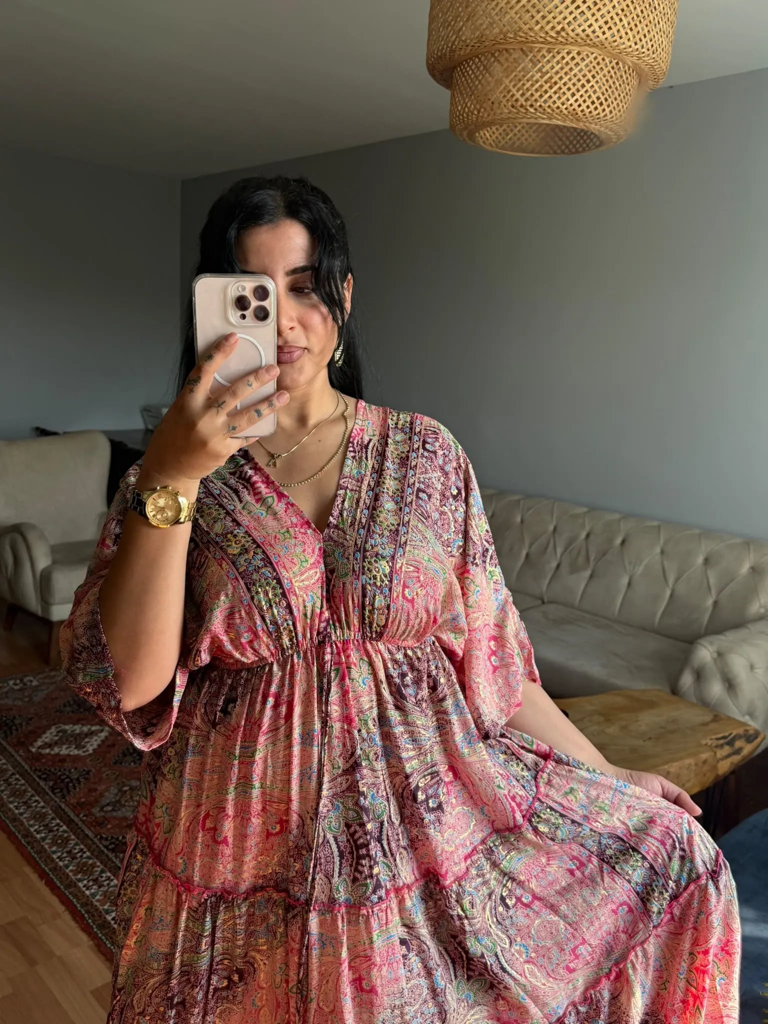Yarasa Kol İpek Kaftan Pembeli hover