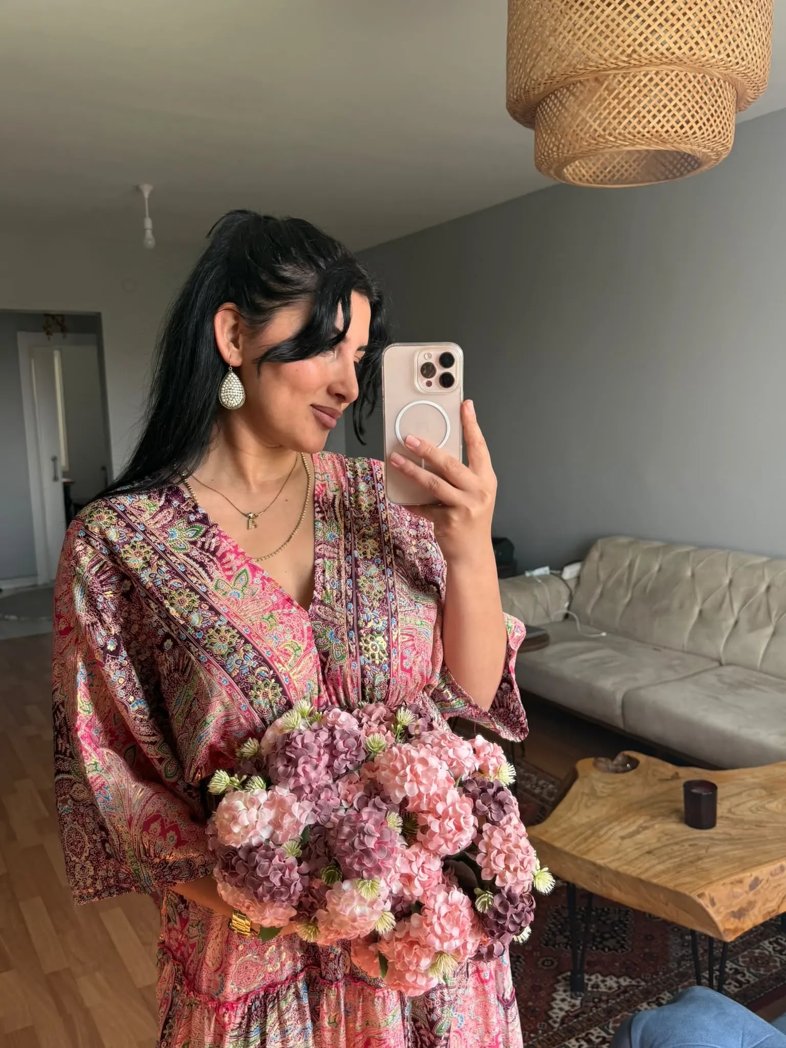 Yarasa Kol İpek Kaftan Pembeli